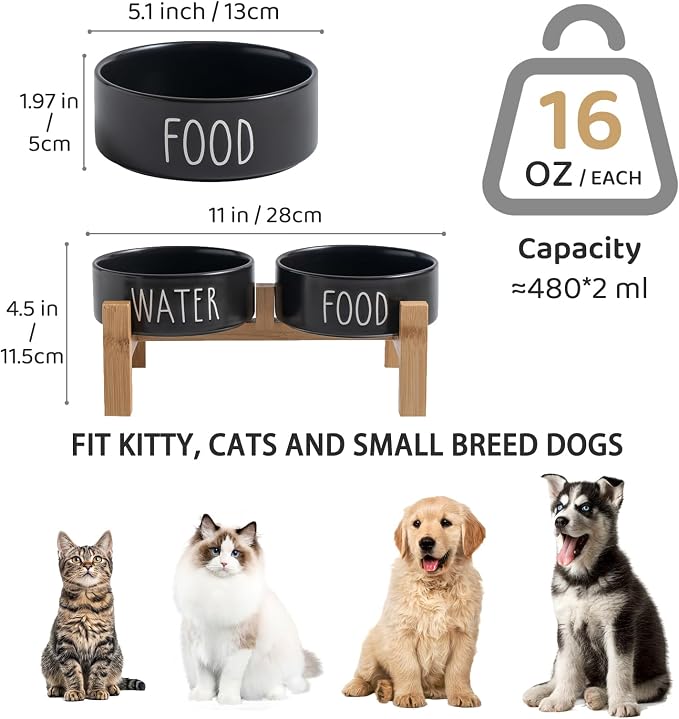 Elevated Ceramic Dog Bowls Set - Food & Water Lettering Raised Dog Bowl with Non-Slip Bamboo Stand for Cats and Small Dogs, Weighted Dogs Dishes Pet Bowls (5.1 inch, 2 * 16oz, Black)
