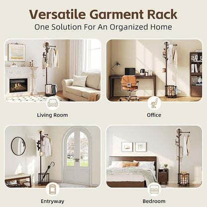 Uniclinens Freestanding Wooden Coat Rack with Umbrella Holder，Dark Walnut Coat Rack with Hooks, Space-Saving Entryway Organizer for Hanging Clothes and Storing Towels, Bedroom, Living Room
