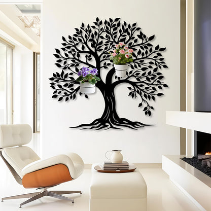 Tree of Life Metal Wall Mounted Plant Holder, Tree Wall Plant Holders Indoor Stand, Metal Hanging Plants Shelf for Living Room, Entryway (Black, 31"x 29"| 80x75cm, 3 Pack 6" Flower Pot Holder Ring)