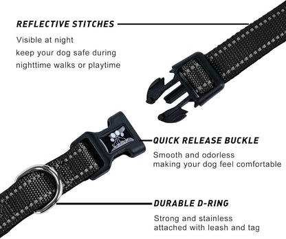 FURRYFECTION Reflective Dog Collar and Leash Set with Quick Release Buckle, Padded with Neoprene Adjustable Nylon Dog Collar for Small Medium and Large Dogs (Small Collar+5FT Leash, Black)