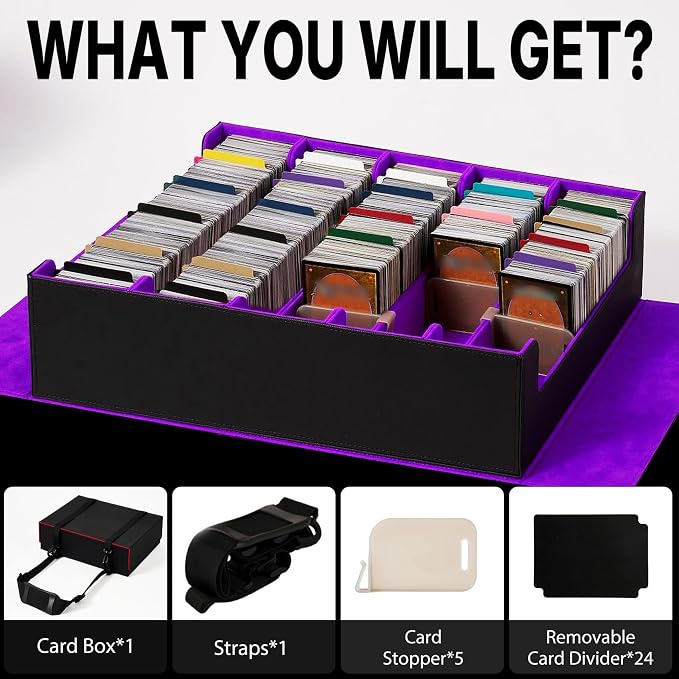 Magnetic Leather Trading Card Storage Box - 5-Row Deck Case Design, 3900+ Capacity for YuGiOh, MTG, TCG and Sports Cards, Includes 24 Colorful Dividers & 5 Card Supports（Black/Purple）