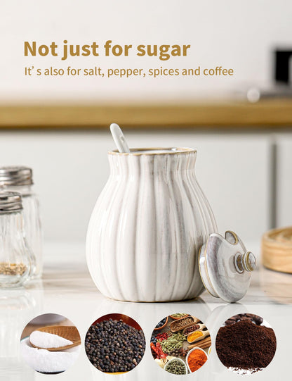 Seyatoo Sugar Bowl with Lid and Spoon, Ceramic Sugar Container for Coffee Bar, Sugar Jar Holder Sugar Dispenser Bowl for Sea Salt, Spice and Sugar, Glazed White