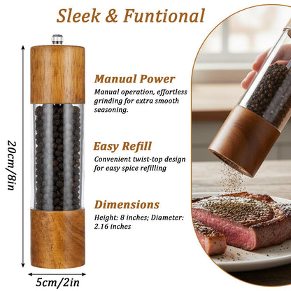 KongTiva 2 Pack 8 Inch Premium Acrylic Salt and Pepper Grinder Set, Manual Salt and Pepper Mills Wooden Shakers with Adjustable Coarseness Ceramic Core