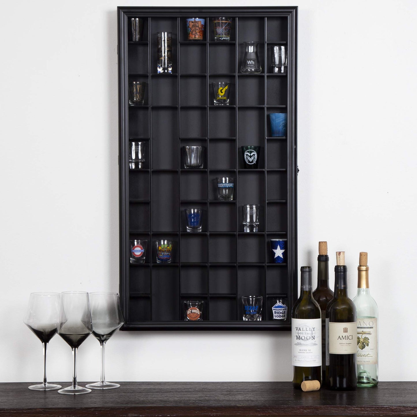 Gallery Solutions - Black Wall-Mounted - Curio & Shot Glass Display Case - 17"x32" Glass Door - Bar Accessories - Collectible - Miniature Glassware - Bar Accessories