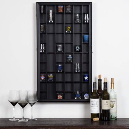 Gallery Solutions - Black Wall-Mounted - Curio & Shot Glass Display Case - 17"x32" Glass Door - Bar Accessories - Collectible - Miniature Glassware - Bar Accessories