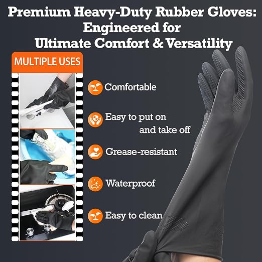 Heavy-Duty Thick Black Rubber Cleaning Gloves, 2 Pairs, M | Reusable & waterproof black/orange dual layers. Non-slip design for dishwashing, kitchen cleaning, and auto care.