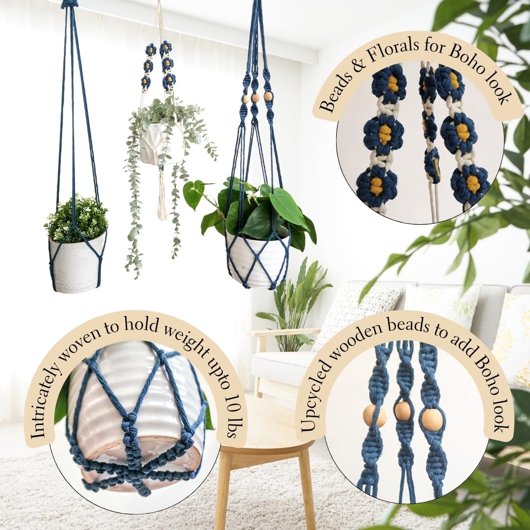 Set of 3 Macrame plant hangers with Daisies & Beads Hanging plant holder Macrame Plant hangers outdoor and indoor hanging planters Plant stand indoor Boho Decor hanging planter stand (Peacock Blue)