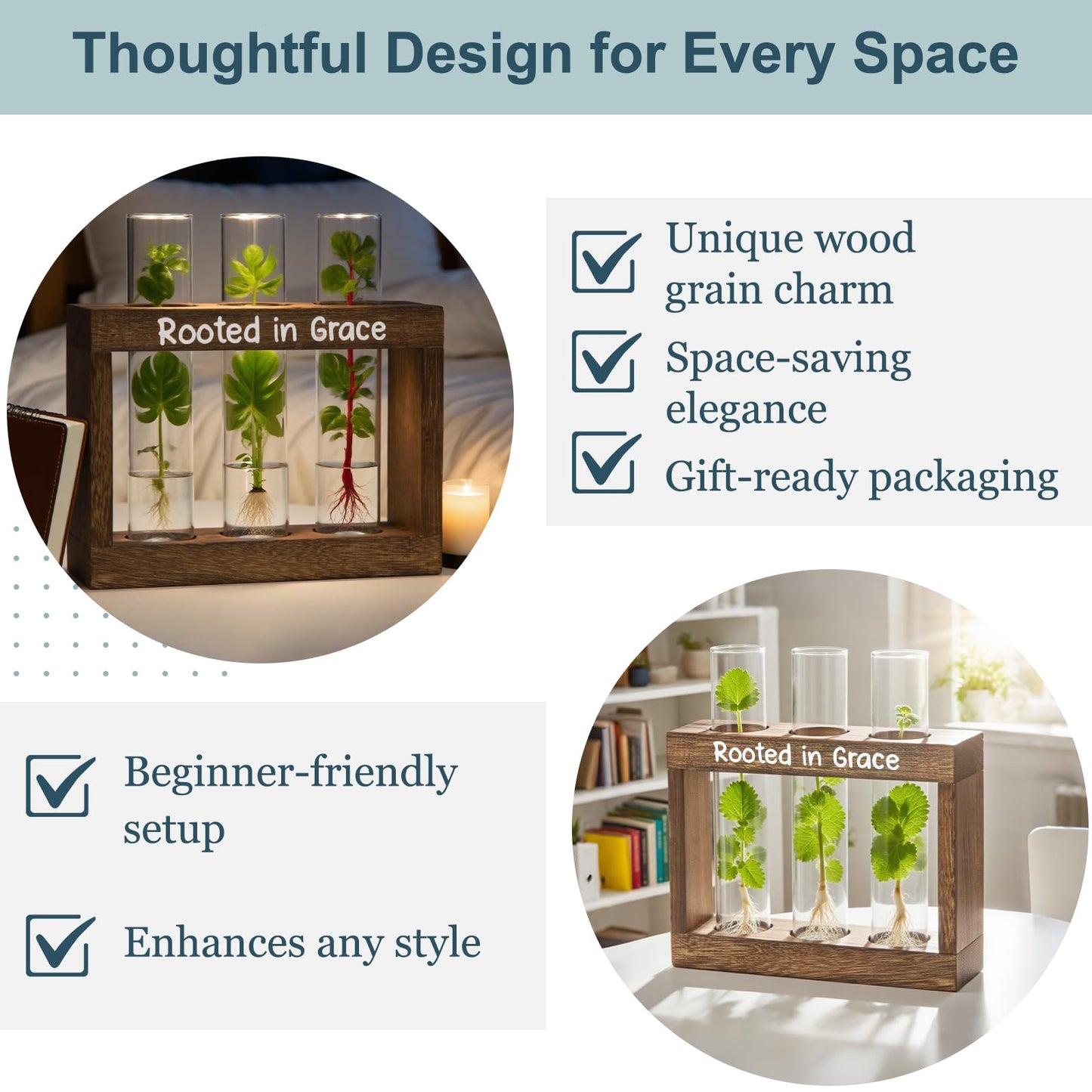 LBCIGOR Rooted in Grace Propagation Station – Wooden Plant Holder with 3 Glass Vases, Indoor Rooting Station for Cuttings, Christian-Inspired Gift for Women, Birthday, Housewarming, Plant Lover Décor