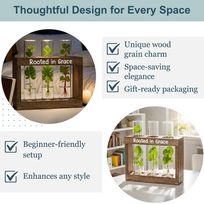 LBCIGOR Rooted in Grace Propagation Station – Wooden Plant Holder with 3 Glass Vases, Indoor Rooting Station for Cuttings, Christian-Inspired Gift for Women, Birthday, Housewarming, Plant Lover Décor