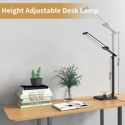 Woputne LED Desk Lamp, Dual Heads, Height Adjustable, USB Charging Port, 5 Light Modes & Dimmable Brightness, Bedside Lamp for Reading, Craft, Work, Study (Black, 15W)