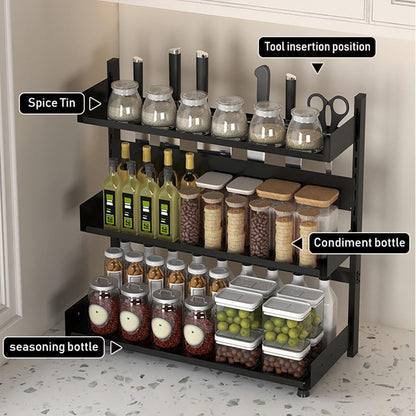 3-Tier Spice Rack Organizer with Knife Holder, Black Metal Counter Storage Shelf, 15.75x15.5x6.69 Inch, Adjustable Height, Detachable Design