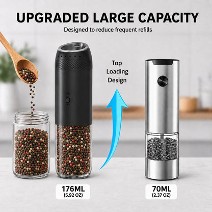 FAMAWO Gravity Electric Salt and Pepper Grinder Set, Rechargeable Automatic Mills with Charging Base, 6-Level Adjustable Coarseness, LED Light, Matte Black, 2-Pack