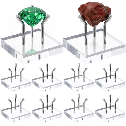 Oqqlin 10 Pcs 3 Metal Peg Rock Display, Crystal Display Stand with Clear Acrylic Base Metal Pegs Fossil Stand Easel for Rocks, Crystal, Mineral, Geodes, Decorative Balls (2 x 2 Inch)