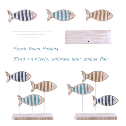 NAUTIMALL Wooden Fish Figurines with Jute Rope and Cotton String, Fish Sculpture Statues for Home Decoration, Table Top Nautical Decor for Living Room, Bedroom, Beachhouse Home Decor (StripedFish-3)