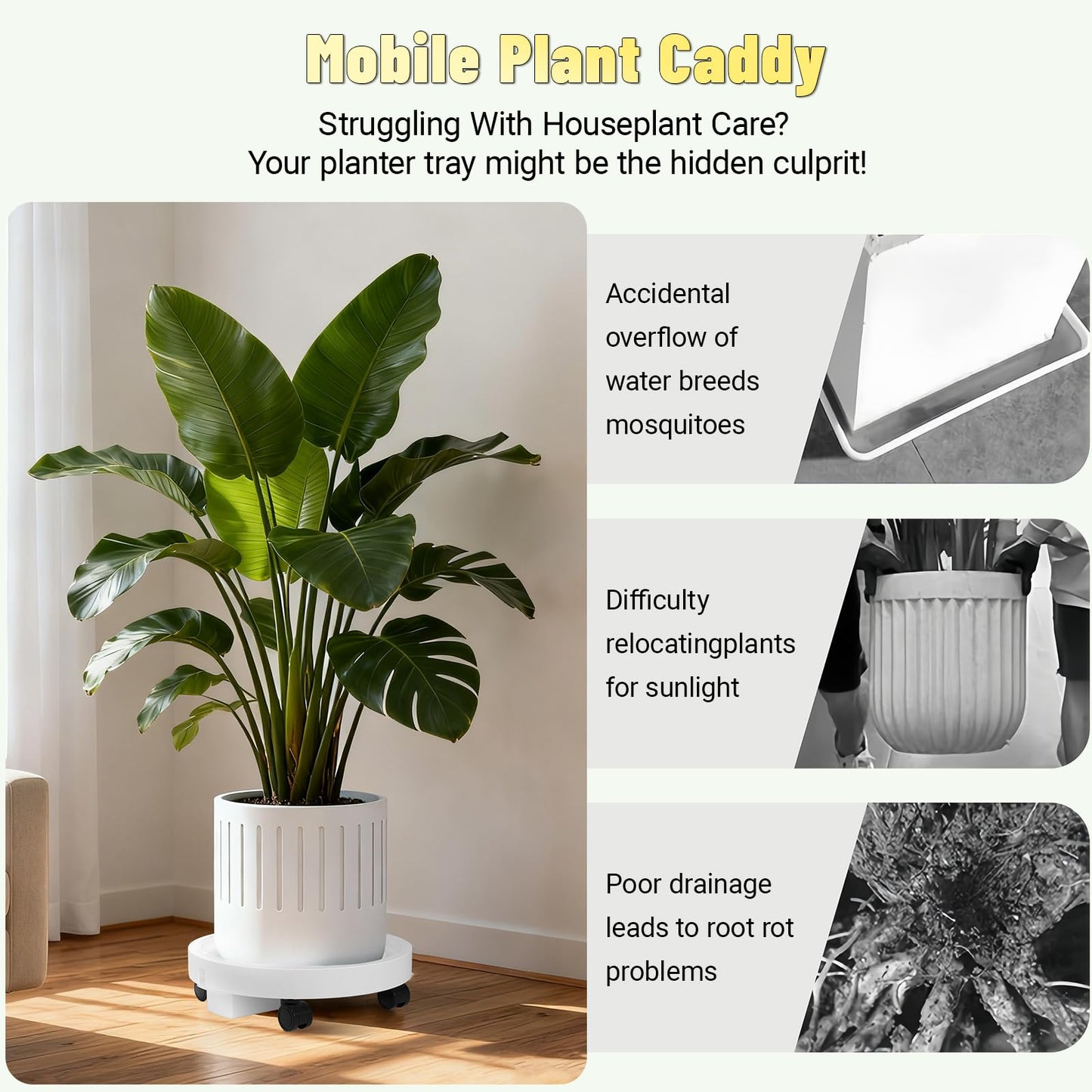 Tappio 2 Pack 14" and 12" Plant Caddy with Hidden 360°Wheels, Plant Stand Rolling Saucer with Drain Hole, Flower Pots with Removable Drainage Tray for Indoor Outdoor, Lockable Wheels