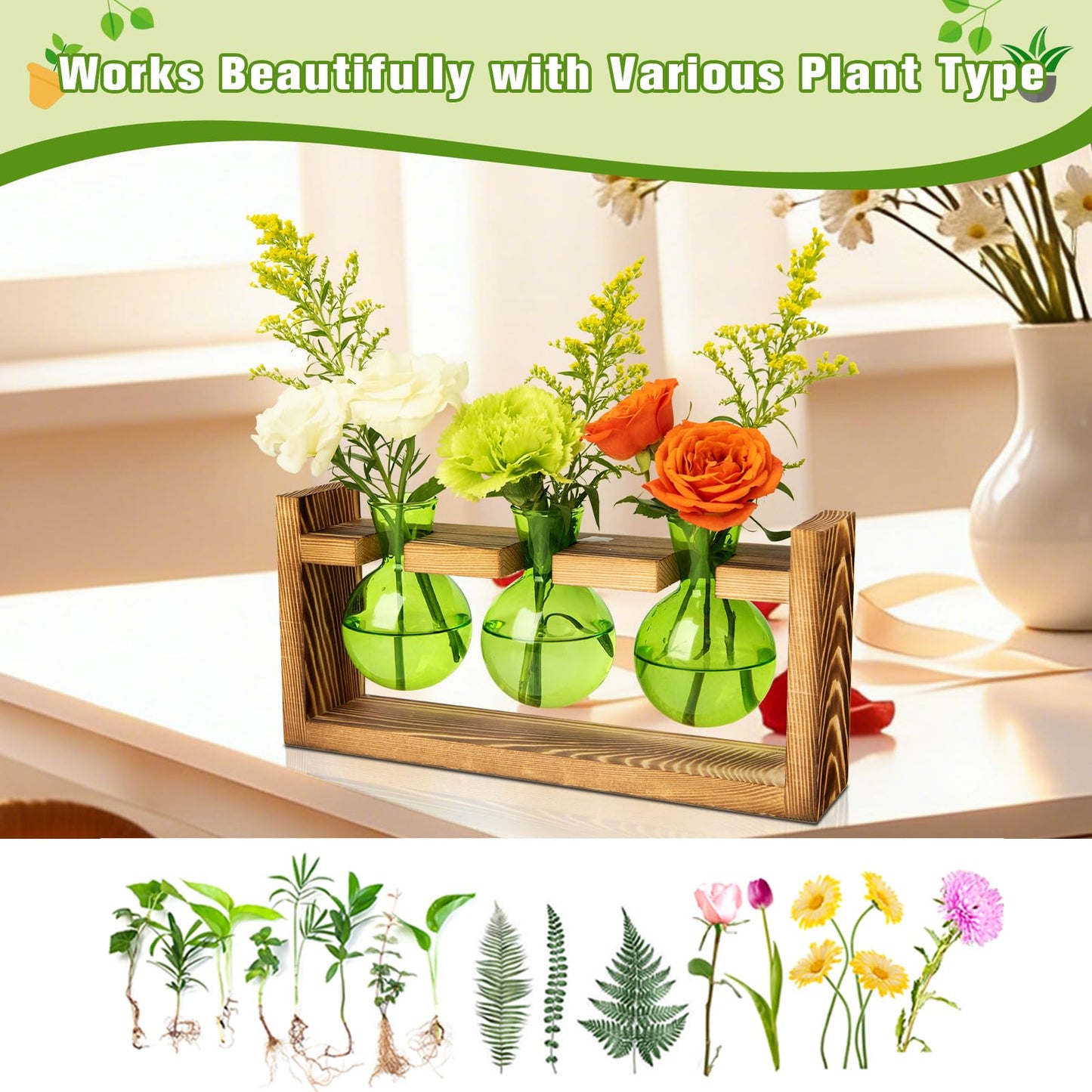 XXXFLOWER Glass Plant Terrarium Propagation Station, Gifts for Mom Plant Lovers Wife Daughter, 3 Bulb Glass Vase Plant Terrarium Tabletop for Hydroponics Home Office Indoor Decor (Green)