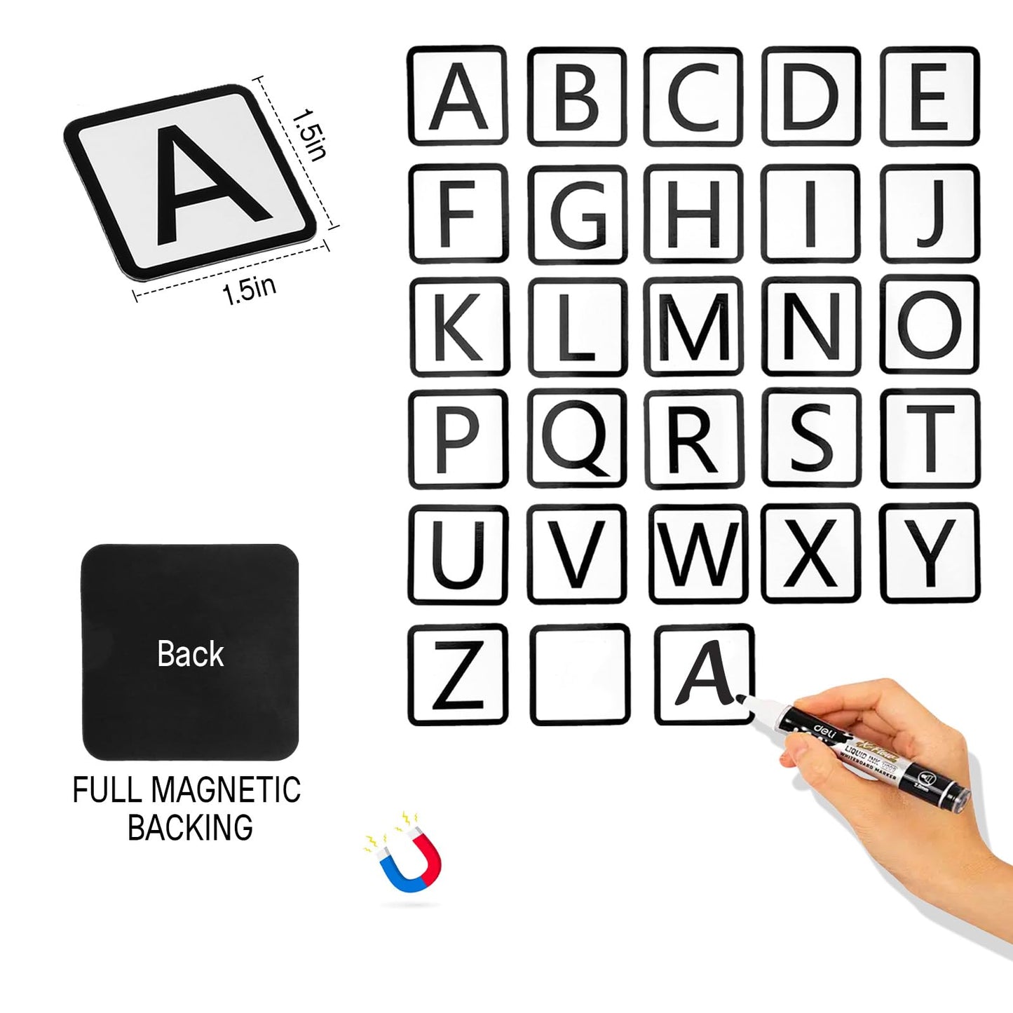 Small Alphabet Magnets 1.5x1.5 for Whiteboard/Fridge, 26 Magnetic Letters+2 Backup for Age 12+