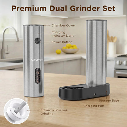 Newise Electric Salt and Pepper Grinder Set - Charging Base, Automatic Rechargeable Pepper Mill with Adjustable Coarseness, LED Lights, Large Capacity, Kitchen Appliance for Mom Wife