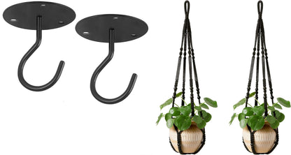 Mkono Macrame Plant Hanger Indoor Hanging Planter Basket and Ceiling Hooks, Wood Beads Decorative Flower Pot Holder for Indoor Outdoor Boho Home Decor, Black，Set of 2