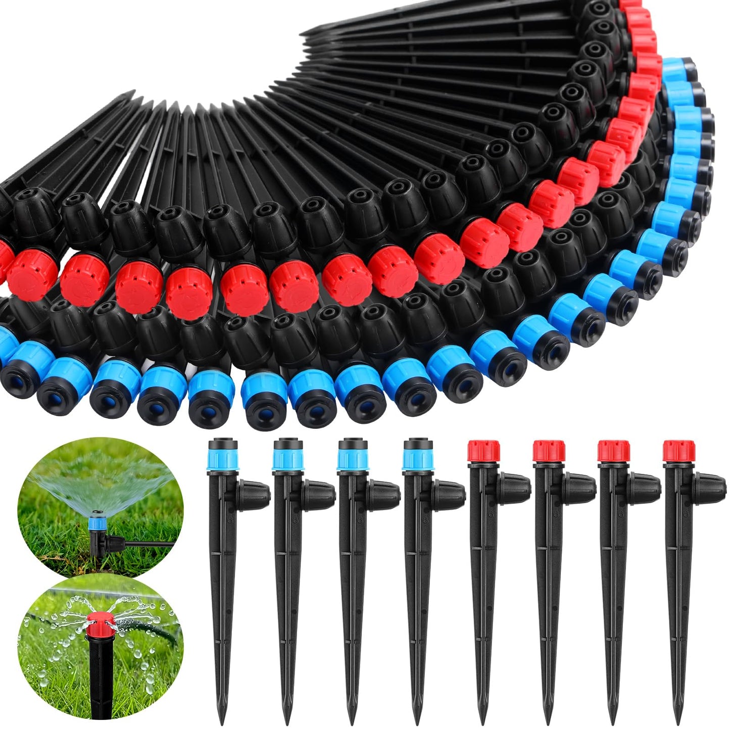 Glooglitter 100 Pcs Drip Irrigation Emitters for 1/4" Tubing 50 Micro Irrigation Emitters Sprayer 50 Adjustable 360 Degree Water Flow Drippers for Garden Irrigation System(Red, Blue, Latch)