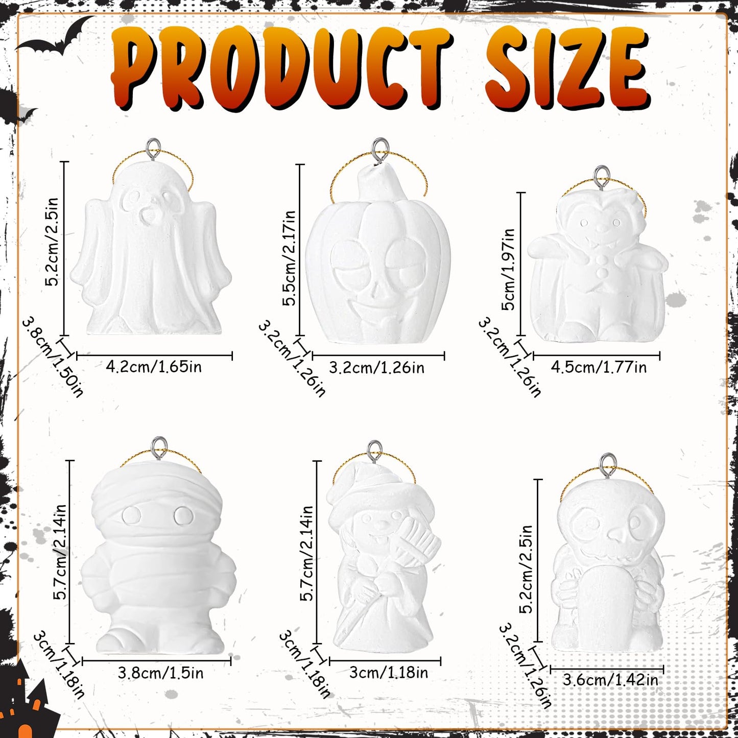 Glimin 24 Pcs Halloween 3D Ceramics to Paint Make Your Own Kit Unpainted Ceramic Pumpkins Ghost Plaster Bulk DIY Keychains Ready to Paint Figurines Halloween Hanging Ornaments for Crafts, 6 Styles