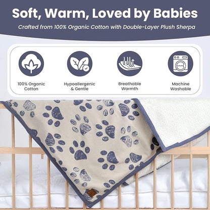 Small Pet Blanket - 100% Organic Cotton, Double Layer Plush Sherpa, Soft Plush, Blue Paw Jacquard Knit, 30"x40", Small Dog Blanket, Ideal Cat Blanket - Soft and Warm