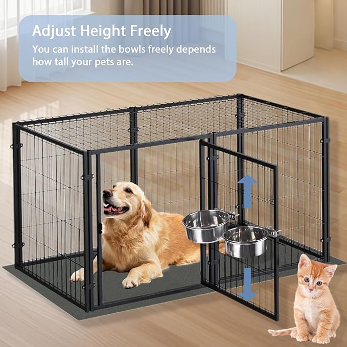 Stainless Steel Pet Crate Bowls, 2-Pack Rabbit Food Water Bowls No Spill Removable Hanging Parrot Feeding Cups Kennel Feeder Coop Cup for Small Medium Pets Birds Bunnies Cats Dogs (M+L)