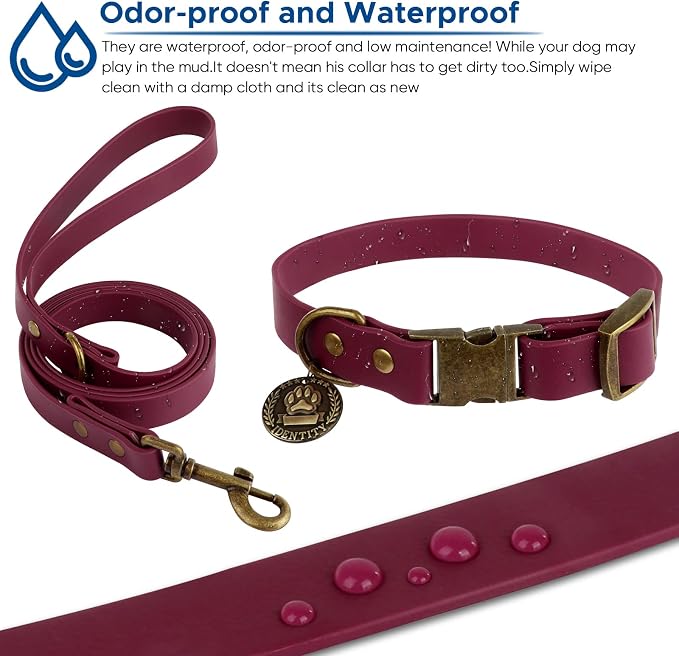 Wisedog Waterproof Dog Collar and Leash Set, L, Burgundy | Adjustable Puppy Collar, Cute Tag, 5FT Leash, Includes Poop Bag, For Small Medium Large Dogs