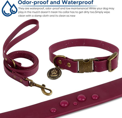 Wisedog Waterproof Dog Collar and Leash Set, S, Burgundy | Adjustable Puppy Collar, Cute Tag, 4FT Dog Leash, Includes Poop Bag, For Small Medium Large Dogs