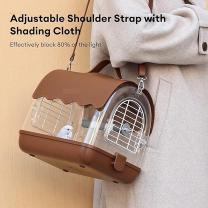 Parakeet Cage,Accessories, Bird Carrier Backpack with Perch, Transparent Travel Cage Bag with Shade Cover Visible Window for Parrots Budgie Small Birds(Brown)