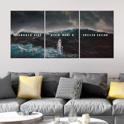PSYYSP 3 Panel Canvas Prints Motivational Wall Art, Smooth Seas Never Made a Skilled Sailor Quote with Stormy Ocean Boat Scene for Living Room Office, Framed Canvas 60x28 Inch