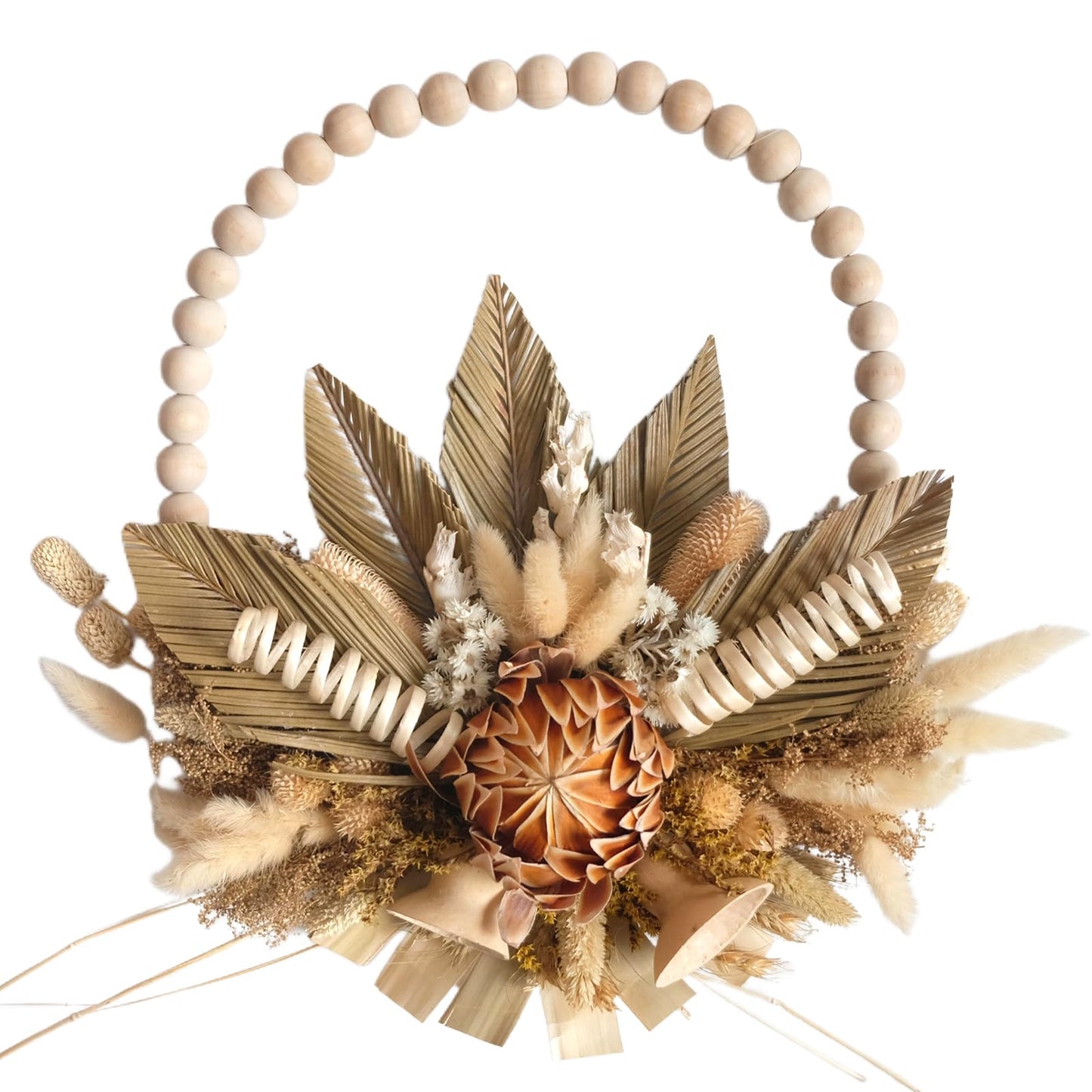 18 Inches idyllic Wood Bead Palm Leaves Wreaths for Front Door, Farmhouse Fall Harvest Thanksgiving Wreath, Fall Wall Kitchen Cabinet Decorations, Lantana