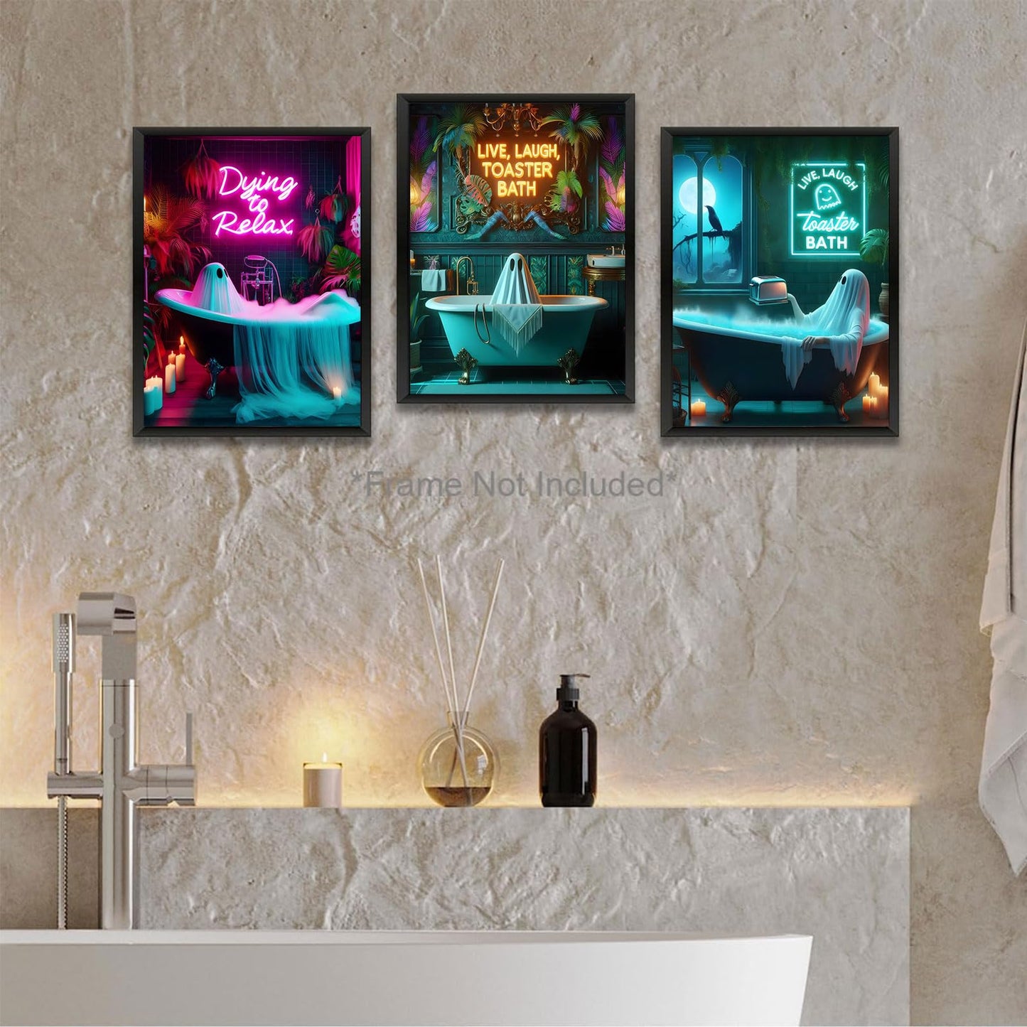 3 Pcs Halloween Ghost Neon Bathroom Canvas Wall Art Neon Sign Dying To Relax Wall Decor Pictures Funny Gothic Ghost Toaster Posters Prints for Restroom Dark Humor indie room Home Decortion Unframed