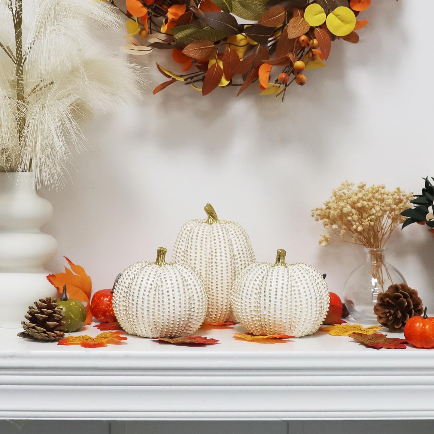 TaoQ C 3 PCS Large Thanksgiving Resin Pumpkin, Fall Pumpkin Figurines White and Gold Glitter Resin Pumpkin for Home Kitchen Halloween Thanksgiving Fall Harvest Decoration