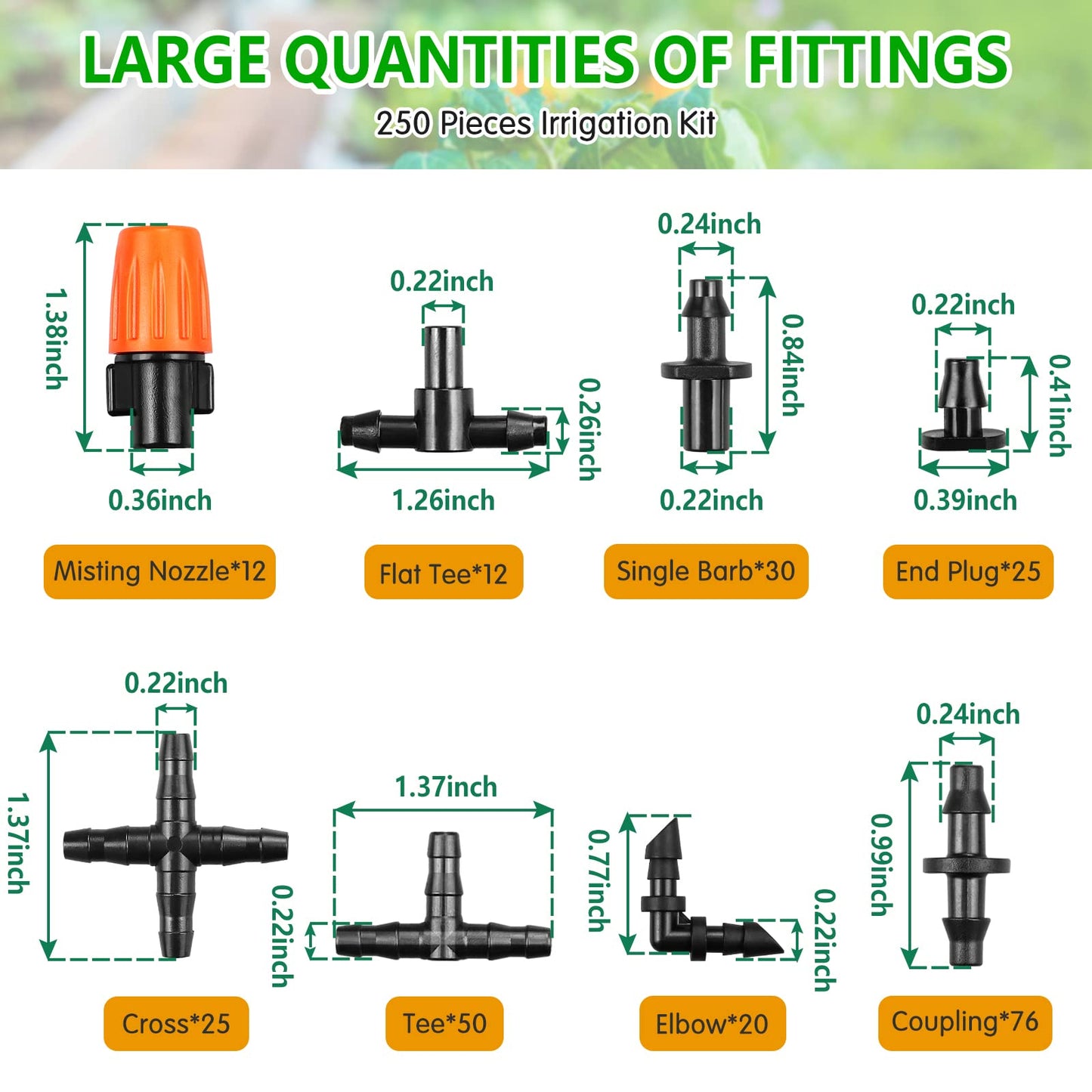 250 Pcs Drip Irrigation Fittings Kit for 1/4" Tubing：Gardrip 1/4 Inch Drip Irrigation Barbed Connectors (Nozzles, Nozzle Tees, Single Barbs, Couplings, Tees, Elbows, Plugs, Crosses) for Garden Systems