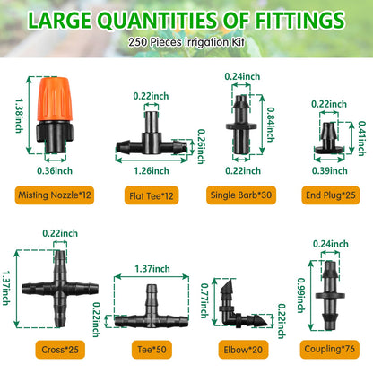 250 Pcs Drip Irrigation Fittings Kit for 1/4" Tubing：Gardrip 1/4 Inch Drip Irrigation Barbed Connectors (Nozzles, Nozzle Tees, Single Barbs, Couplings, Tees, Elbows, Plugs, Crosses) for Garden Systems