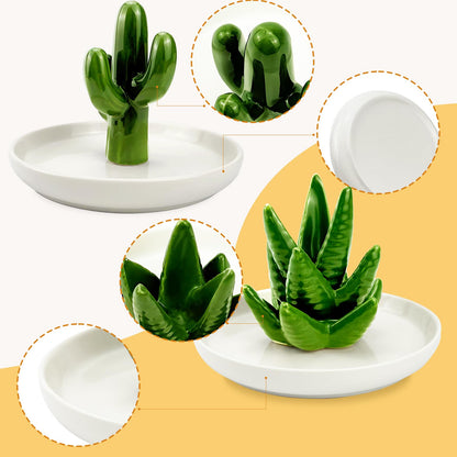 Seuqhck Ceramic Ring Holder Dish Set of 2 - Cactus & Aloe Jewelry Organizer Tray for Rings, Earrings, Necklaces, Decorative Succulent Trinket Dish for Home Decor, Wedding, Birthday Gifts for Women