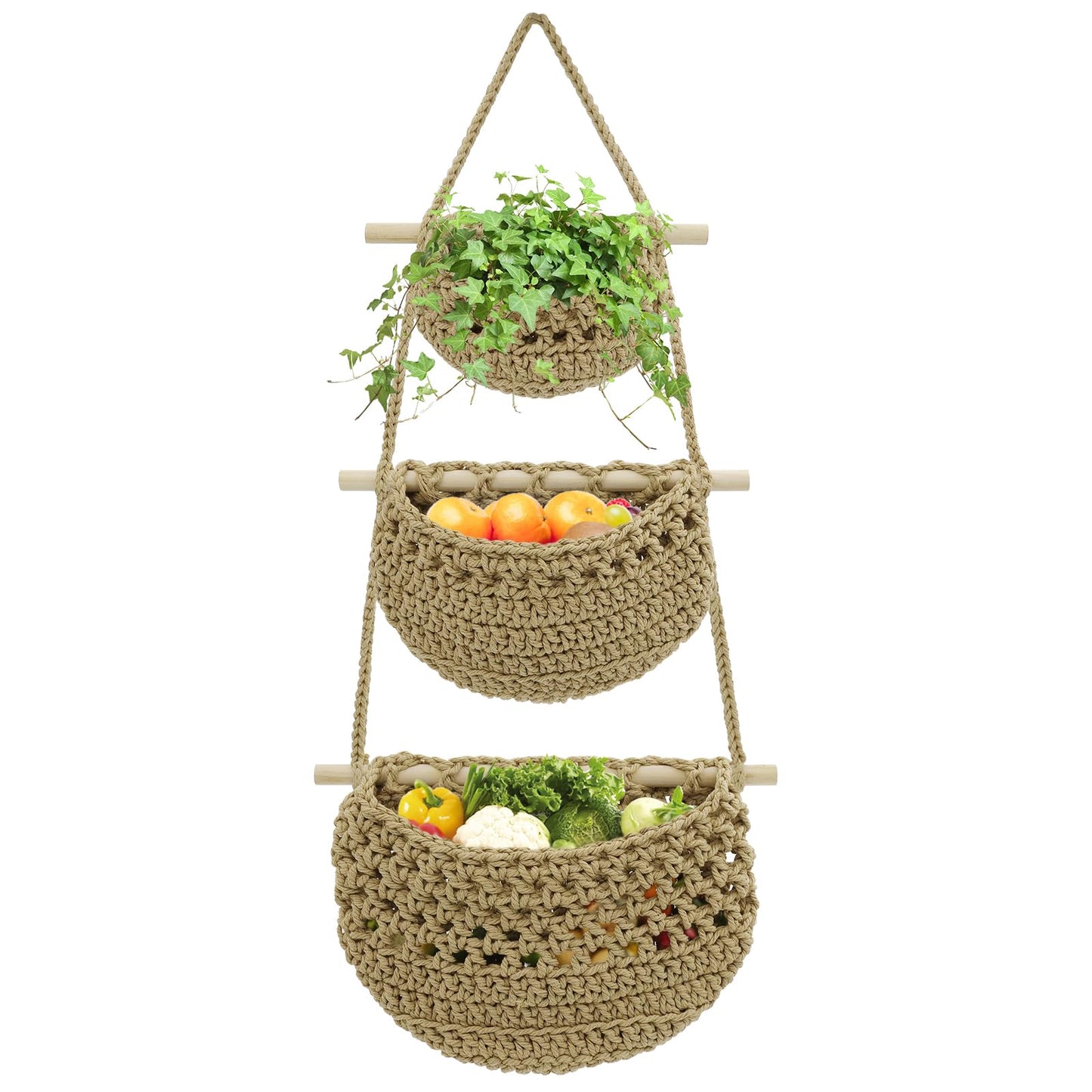 yuuzue 3 Tier Hanging Fruit Basket, Cotton Woven Wall Hanging Basket for Organizing Fruit Vegetable Storage, Boho Wall Baskets for Kitchen Bedroom Living Room