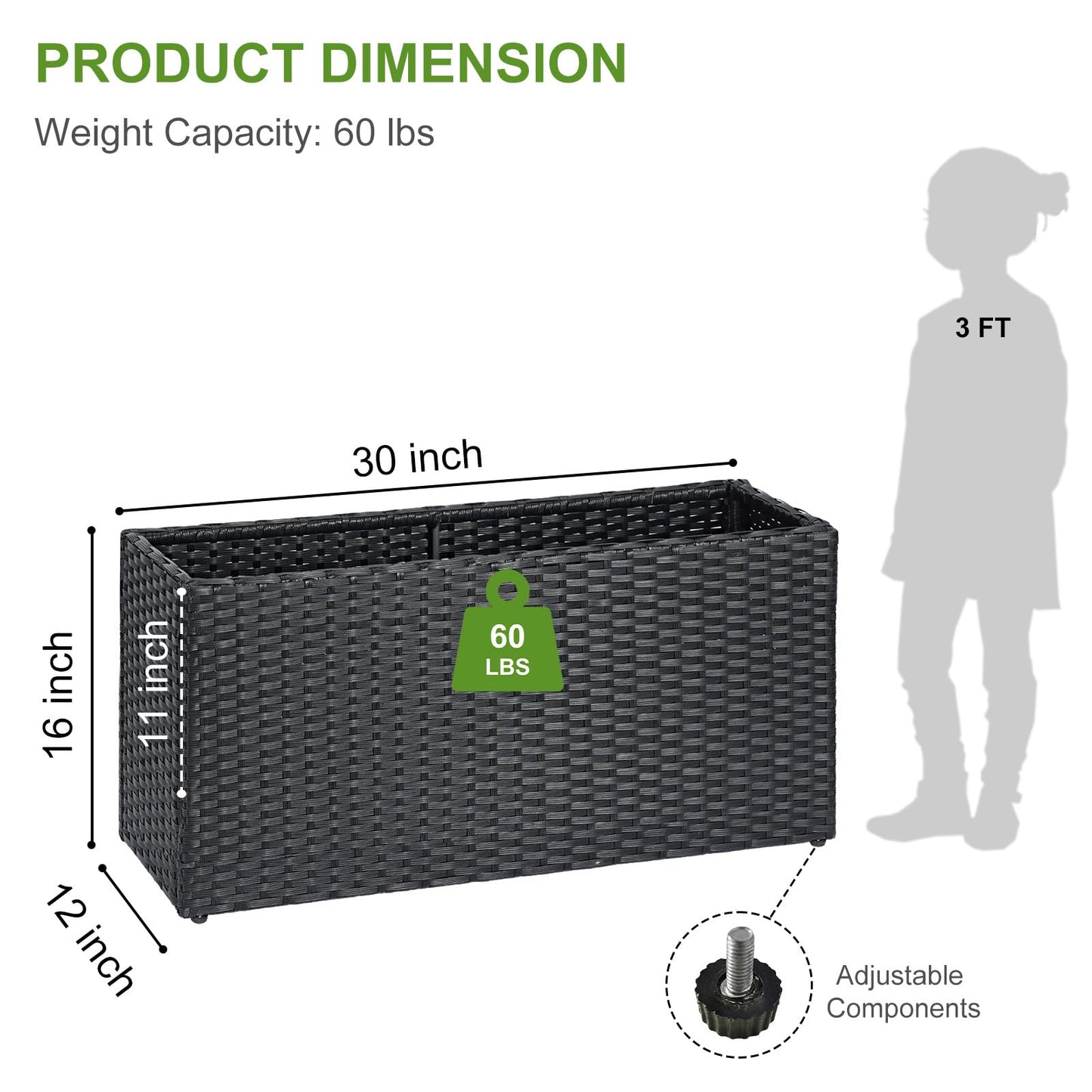 LEWIS&WAYNE Large Rectangular Block Planter Box Handmade Wicker Tall Planters for Outdoor Plants with Removable Liners Modern Planter for Indoor Outdoor Patio Deck - Black, 30''x12''x16''