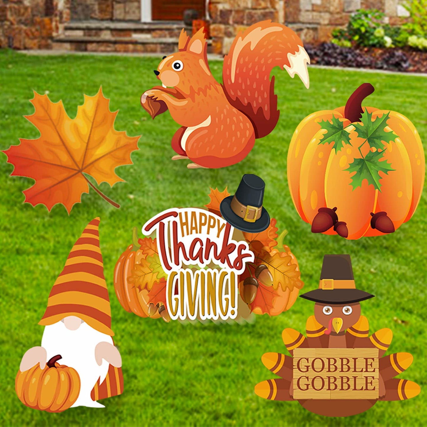 Thanksgiving Yard Signs Stakes - 6PCS Fall Outdoor Decorations - Maple, Squirrel, Turkey, Gnome, Pumpkin Corrugated Lawn Signs for Outside