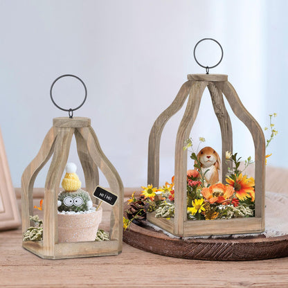 Staymoment Wood Lanterns Decorative Indoor: Farmhouse Hanging Candle Holder Set of 2 Brown Table Centerpiece Fireplace Mantle Shelf 11" & 8" Rustic Home Decor Fall Ornaments