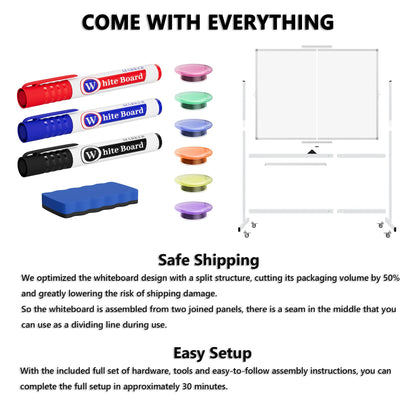 Large Rolling Whiteboard on Wheels, 48" x 36" Double-Sided Mobile White Board with Stand, 4' x 3' Portable Standing Magnetic Dry Erase Board Easel for Home Office Classroom School, Silver
