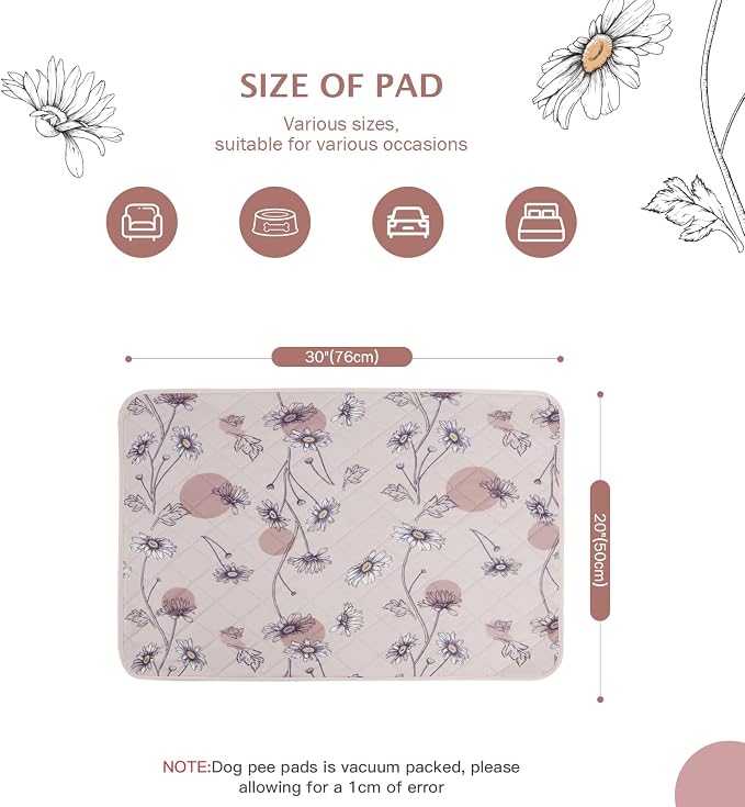 IEUUMLER Washable Pee Pads for Dogs, 2 Pack Non-Slip & Waterproof Pack Whelping Pad, Reusable Washable Puppy Potty Training Pad with Fast Absorbent for Playpen EU007 (Pink Daisy, 30"X20"-2pcs)