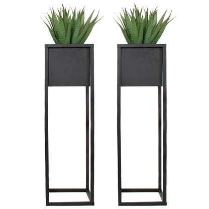 Sunnydaze Modern Simplicity 8.25" Square Metal Raised Planter Box with Legs - Set of 2 - Indoor or Outdoor Use - Black - 27" H