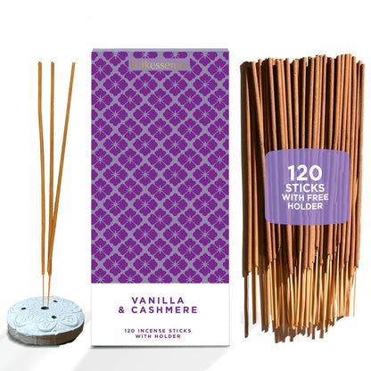Folkulture Incense Sticks with Holder (120 Sticks)| Vanilla & Cashmere Cozy Insence-sticks For Aromatherapy, Home Fragrance |No Charcoal,Organic,Non Toxic, 45 Mins, Long Burning Luxury Inscents-sticks