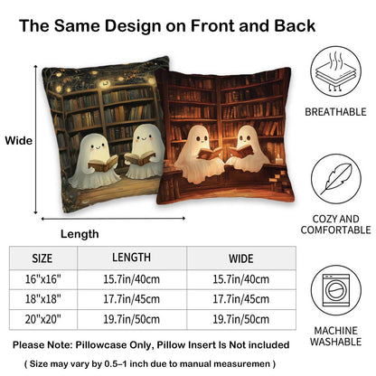 YucZiken Cute Ghost Reading Throw Pillow Covers 18x18 Set of 4 | Halloween Library Book Lover Cushion Cases for Couch Sofa | Spooky Cozy Decorative Square Pillowcases for Living Room Bedroom
