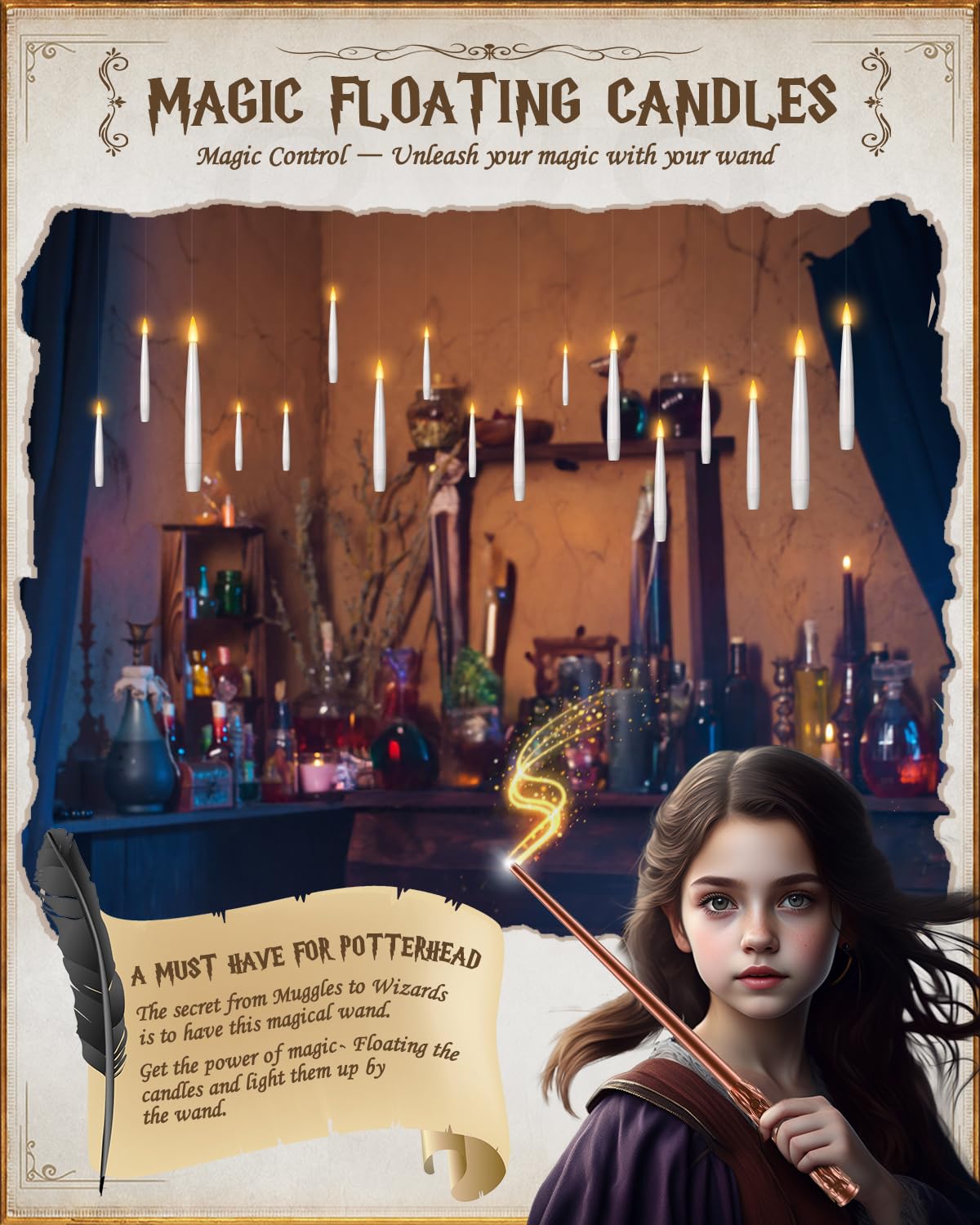 Floating Candles with Wand - Christmas Magic Hanging Flameless Candles Taper Candles with Remote for Halloween Window Home Bedroom Birthday Party Decorations (10 PCS White Candles + 1 Brown Wand)