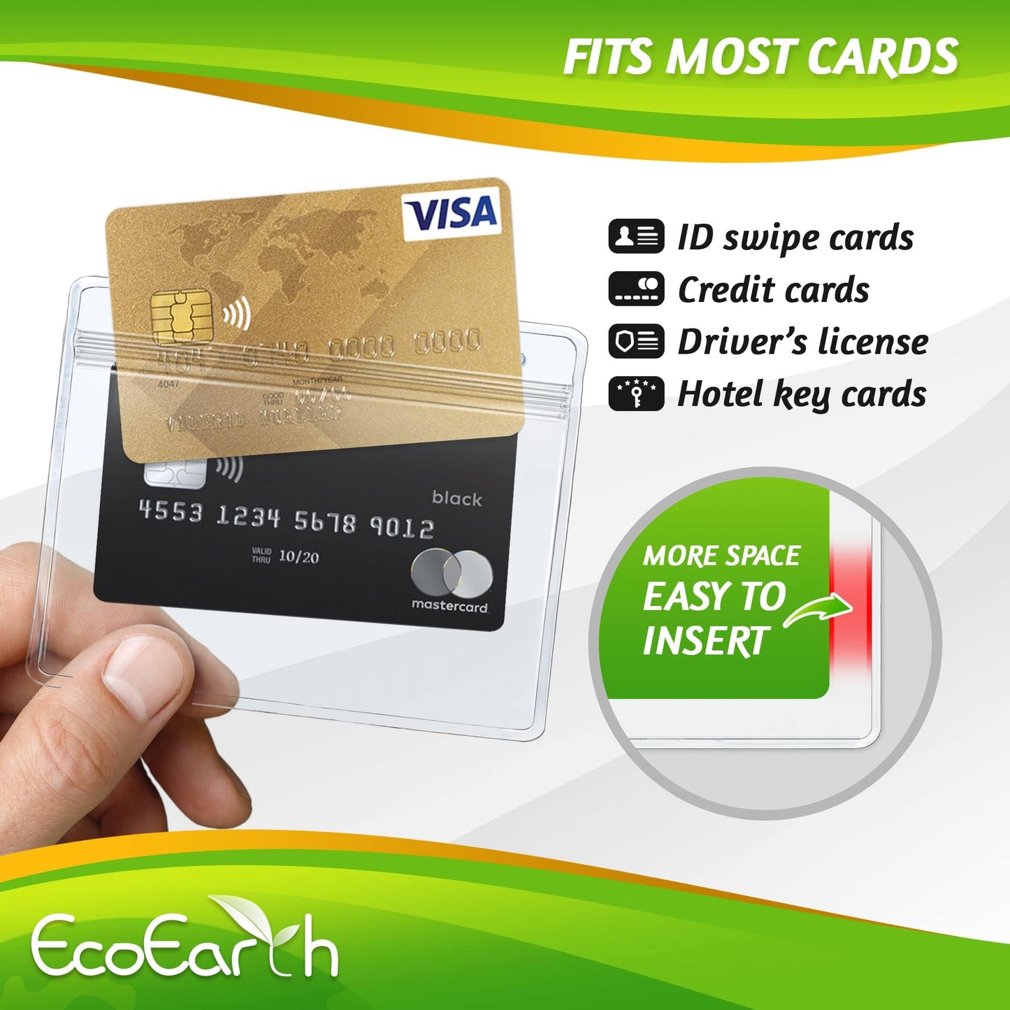 EcoEarth - Horizontal PVC Card Protector with Metal Clips and Vinyl Straps with Soft Edge - Sealable Fits 4x3 inch Inserts - Clear, 100 Pack - Waterproof ID Holder Bulk - ID Card Holder