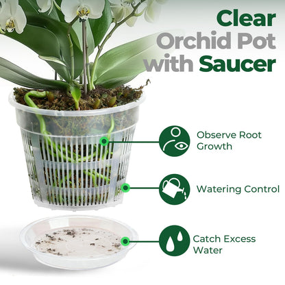 T4U Orchid Pot, 9 Pack Orchid Pots with Holes and Saucers for Repotting, 3 Each of 4.3, 5.5 and 6.3 Inch, Clear Plastic Flower Plant Pot for Indoor Outdoor Plants, Orchids Planter for Root Health