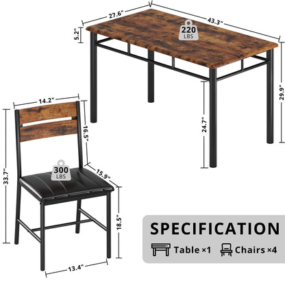 IRONCK Dining Table Set for 4, Wood Kitchen Table with Upholstered Chairs for Kitchen Room and Small Spaces, Rustic Brown